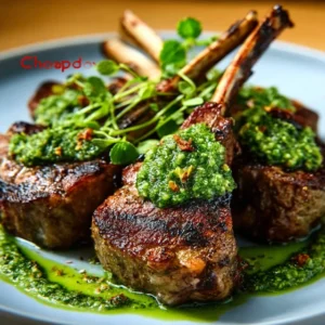 A plate of perfectly seared Lamb Chops with Mint Pesto, garnished with fresh mint leaves.