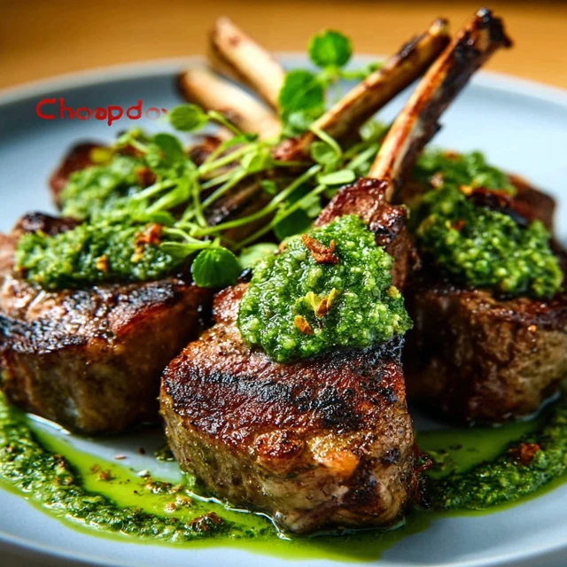 NEXT LEVEL LAMB CHOPS WITH MINT PESTO 1 A plate of perfectly seared Lamb Chops with Mint Pesto, garnished with fresh mint leaves.