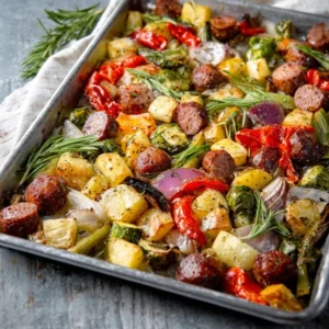 A colorful sheet pan sausage and veggies meal with roasted bell peppers, onions, and broccoli on a baking tray.