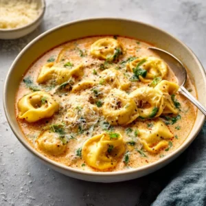 NO FUSS SLOW COOKER CREAMY TORTELLINI SOUP 5 A hearty bowl of Slow Cooker Creamy Tortellini Soup with spinach and a sprinkle of Parmesan cheese.