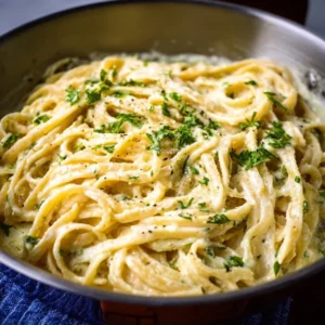 A skillet filled with One Pot Creamy Garlic Pasta, garnished with fresh parsley and parmesan cheese.