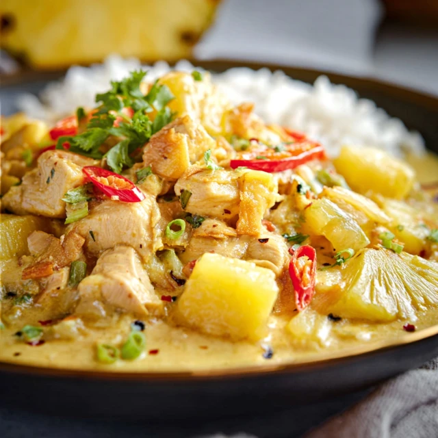 PARADISE CREAMY PINEAPPLE COCONUT CHICKEN 1 A skillet of Creamy Pineapple Coconut Chicken in a rich sauce with pineapple chunks and fresh herbs.