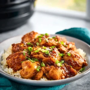 Slow Cooker Hawaiian Chicken with pineapple and bell peppers served over a bed of fluffy white rice.