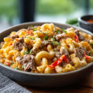 PHILLY CHEESESTEAK MAC ULTIMATE COMFORT FOOD 2 Creamy Philly Cheesesteak Mac, a delicious twist on classic comfort food.