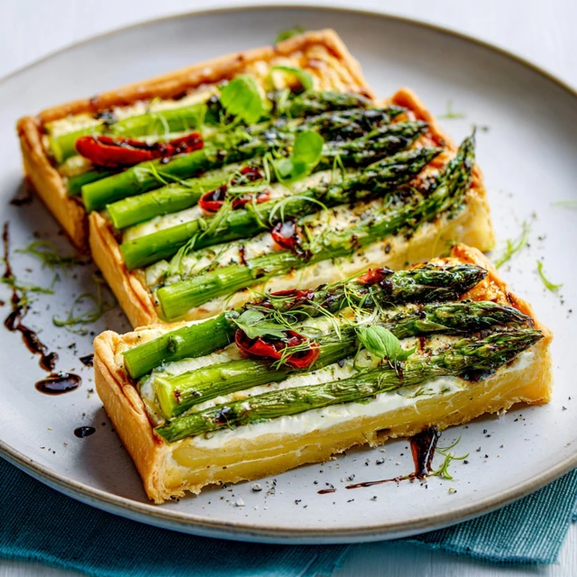 RUSTIC ASPARAGUS AND GOAT CHEESE TART 1 A golden-brown Asparagus and Goat Cheese Tart with a flaky crust, sliced and ready to serve.