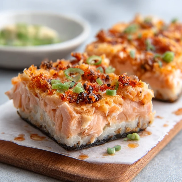 SALMON SUSHI BAKE SAVORY SPICY HEAVEN 1 Delicious Salmon Sushi Bake with layers of rice, salmon, and creamy toppings.