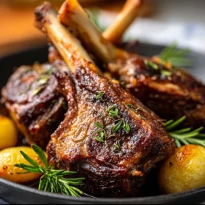 A tender, golden-brown Garlic Herb Roasted Lamb Shank garnished with fresh rosemary and garlic.