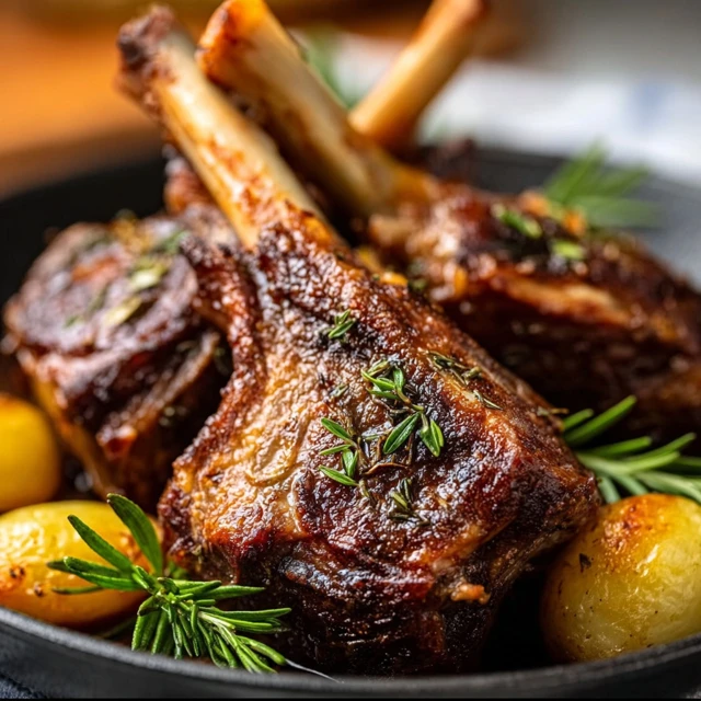 SHOWSTOPPER GARLIC HERB ROASTED LAMB SHANK 1 A tender, golden-brown Garlic Herb Roasted Lamb Shank garnished with fresh rosemary and garlic.