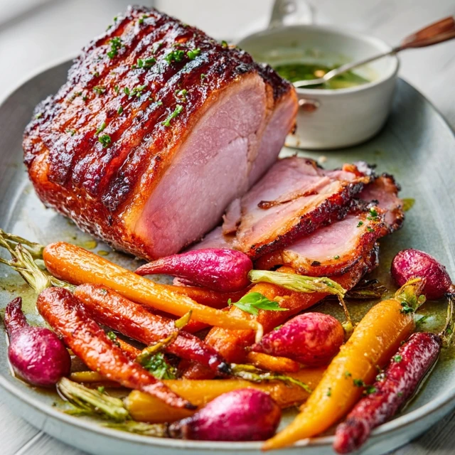 SHOWSTOPPER GLAZED HAM WITH ROASTED SPRING CARROTS 1 A beautifully sliced glazed ham with roasted spring carrots on a platter, ready for a holiday meal.