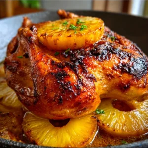 SHOWSTOPPER WHOLE ROASTED PINEAPPLE CHICKEN 5 A beautifully golden-brown Whole Roasted Pineapple Chicken on a platter, garnished with caramelized pineapple and fresh herbs.