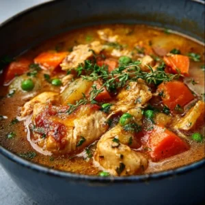 SLOW COOKER CHICKEN STEW COZY BOWL PERFECTION 5 A rustic bowl filled with hearty slow cooker chicken stew, with tender chicken, carrots, and potatoes, garnished with parsley.