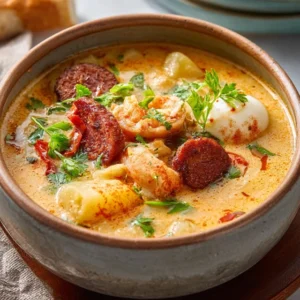 A rustic white bowl filled with creamy Cajun Potato Soup, garnished with sliced andouille sausage and fresh green onions.
