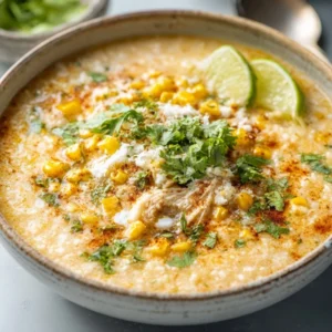 A creamy bowl of Mexican Street Corn Soup topped with cotija cheese, cilantro, and a sprinkle of chili powder.