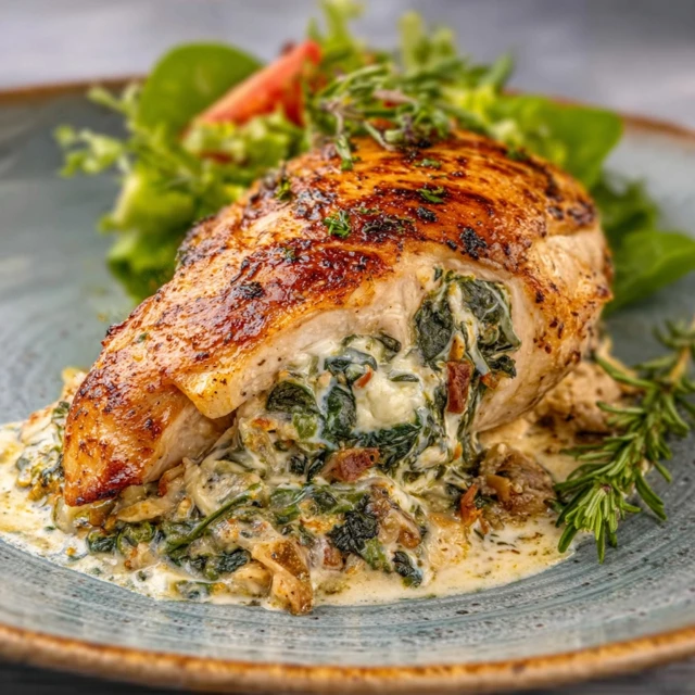 SPINACH AND ARTICHOKE STUFFED CHICKEN MAGIC 1 Golden-brown spinach and artichoke stuffed chicken breasts, sliced to reveal the creamy, cheesy filling on a plate.