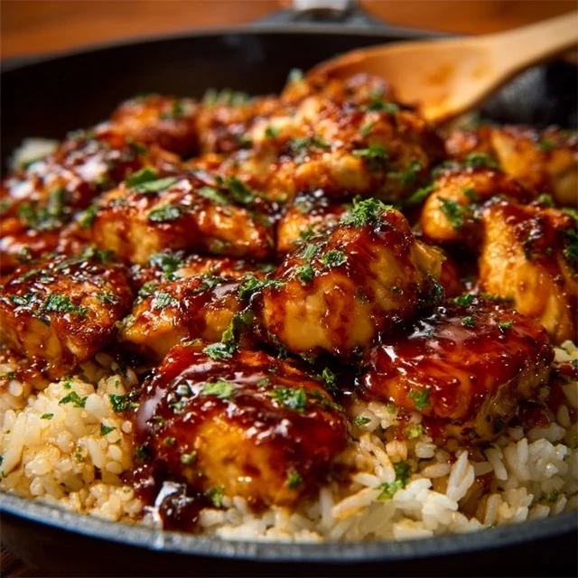 STICKY HONEY BBQ CHICKEN AND RICE SKILLET 1 A close-up of a Sticky Honey BBQ Chicken and Rice Skillet in a pan, garnished with fresh green onions.