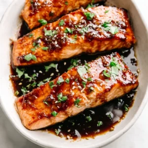 A perfectly cooked fillet of Honey Garlic Glazed Salmon, glistening on a plate and garnished with fresh parsley.