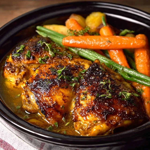 STICKY SLOW COOKER HONEY GARLIC CHICKEN & CARROTS 1 A plate of Slow Cooker Honey Garlic Chicken & Carrots, glistening in a savory sauce and garnished with fresh parsley.