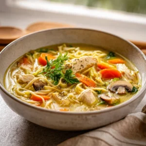 A warm bowl of homemade Ginger Garlic Chicken Noodle Soup, garnished with fresh cilantro and sliced green onions.
