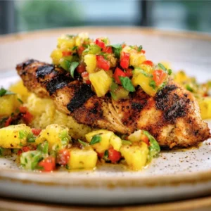 Juicy, tender Grilled Chicken with Pineapple Salsa served on a white plate and garnished with fresh cilantro.