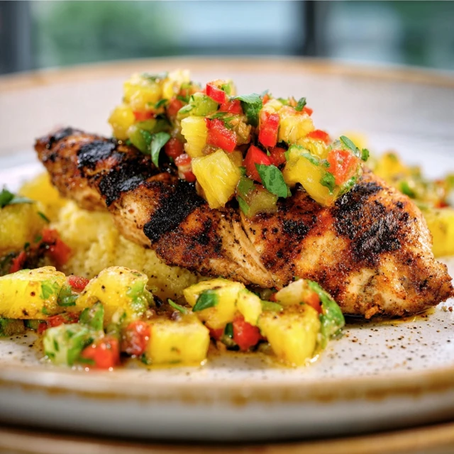SUNSHINE GRILLED CHICKEN WITH PINEAPPLE SALSA 1 Juicy, tender Grilled Chicken with Pineapple Salsa served on a white plate and garnished with fresh cilantro.