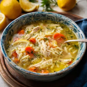 A comforting bowl of Lemon Chicken Orzo Soup garnished with fresh parsley and a bright lemon slice.
