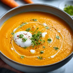 SWEET AND SPICY ROASTED CARROT GINGER SOUP 5 A vibrant orange bowl of creamy Roasted Carrot Ginger Soup, garnished with fresh herbs and a swirl of coconut cream.