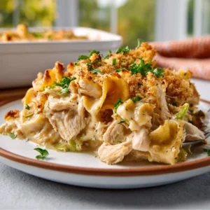 TANGY AND CREAMY KETO MISSISSIPPI CHICKEN CASSEROLE 5 A golden-brown Keto Mississippi Chicken Casserole in a white baking dish, topped with melted cheese and pepperoncini peppers.