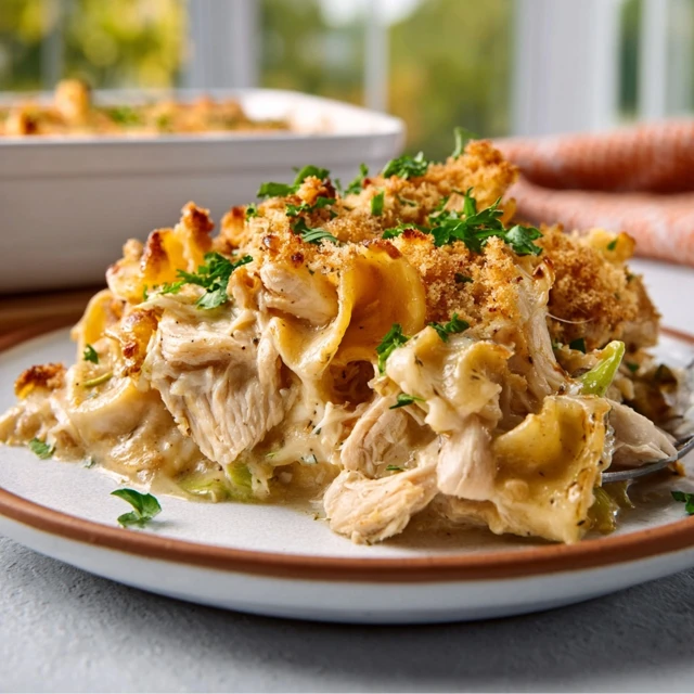 TANGY AND CREAMY KETO MISSISSIPPI CHICKEN CASSEROLE 1 A golden-brown Keto Mississippi Chicken Casserole in a white baking dish, topped with melted cheese and pepperoncini peppers.