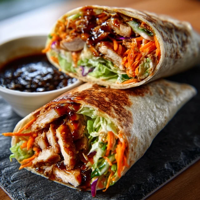 TERIYAKI CHICKEN WRAP FLAVOR EXPLOSION 1 A delicious Teriyaki Chicken Wrap cut in half, showing grilled chicken, crisp lettuce, and sweet teriyaki sauce.