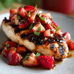 A plate of Grilled Chicken with Strawberry Balsamic Salsa, garnished with fresh basil.