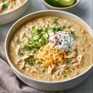 A steaming bowl of creamy White Chicken Chili topped with fresh cilantro, shredded cheese, and a lime wedge.