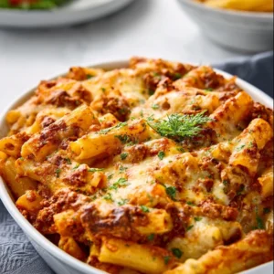 Golden-brown baked ziti in a white casserole dish, fresh from the oven with melted cheese and parsley.