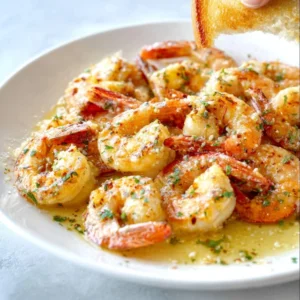 A skillet of delicious Garlic Butter Shrimp Scampi with fresh parsley and lemon served over linguine.