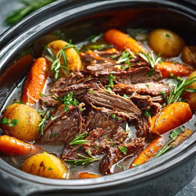 THE ULTIMATE FALL APART SLOW COOKER POT ROAST 1 A hearty Slow Cooker Pot Roast with tender carrots, potatoes, and onions in a rich, dark gravy.