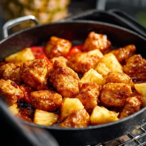 Golden brown Air Fryer Pineapple Chicken Bites glazed in a sweet and tangy sauce, garnished with sesame seeds and green onions.