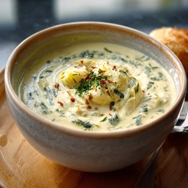 VELVETY CREAMY ARTICHOKE SOUP RECIPE 1 A warm bowl of creamy artichoke soup garnished with fresh herbs and a swirl of cream.