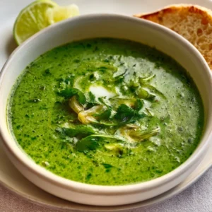 A vibrant green bowl of Garlic Herb Spinach Soup, garnished with a swirl of cream and fresh herbs.