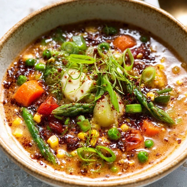 VIBRANT INSTANT POT SPRING VEGETABLE SOUP 1 A vibrant bowl of Instant Pot Spring Vegetable Soup filled with fresh peas, carrots, and asparagus.