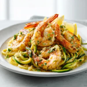A vibrant plate of Lemon Butter Shrimp with Zucchini Noodles, garnished with fresh parsley and a lemon wedge.
