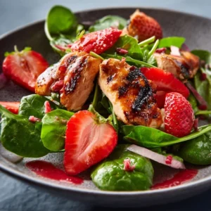 A fresh Strawberry Spinach Salad with Grilled Chicken served in a large white bowl.
