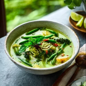 VIBRANT THAI GREEN CURRY SPRING VEGETABLE SOUP 5 A vibrant bowl of Thai Green Curry Spring Vegetable Soup with fresh asparagus, peas, and basil.