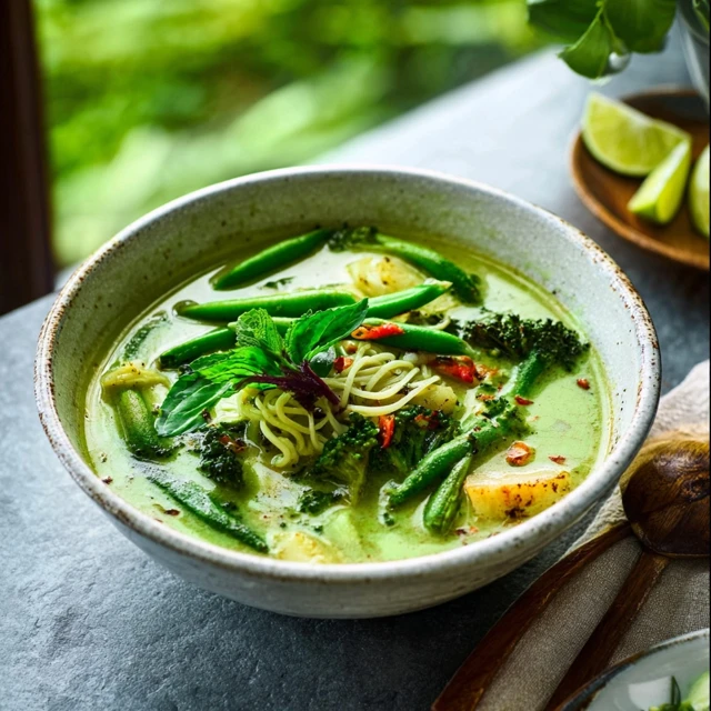 VIBRANT THAI GREEN CURRY SPRING VEGETABLE SOUP 1 A vibrant bowl of Thai Green Curry Spring Vegetable Soup with fresh asparagus, peas, and basil.