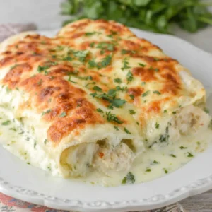 Creamy White Chicken Enchiladas, a delicious and easy Mexican casserole.