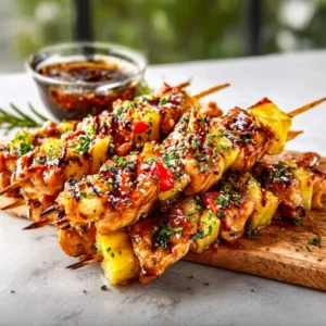 YOUR FAVORITE GRILLED PINEAPPLE CHICKEN SKEWERS 5 Close-up of four grilled pineapple chicken skewers on a white platter, garnished with fresh cilantro.