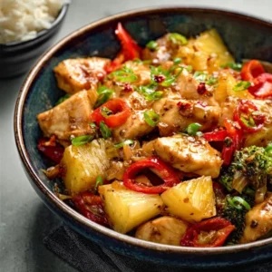 A colorful bowl of Pineapple Chicken Stir-Fry with bell peppers, onions, and chunks of pineapple, served over white rice.