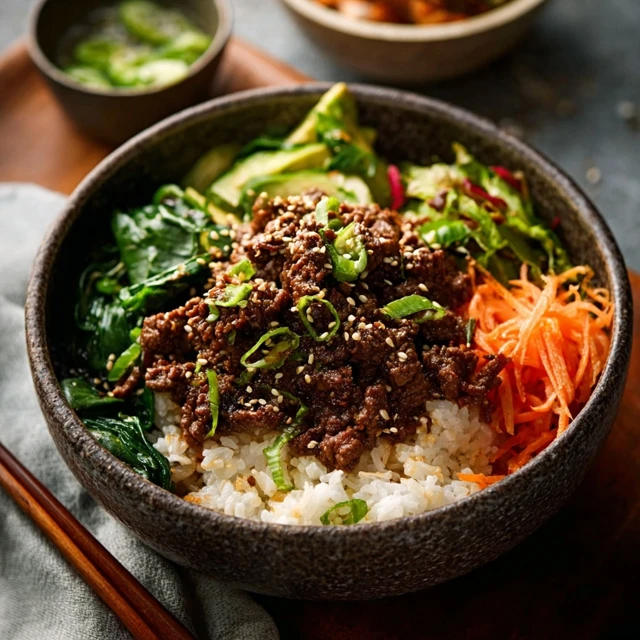YOUR NEW GO TO KOREAN BEEF BOWLS 1 A delicious Korean Beef Bowl with tender marinated beef, white rice, sesame seeds, and sliced green onions.