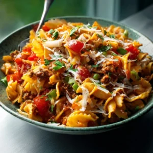 A white bowl filled with cheesy Taco Pasta, topped with fresh cilantro and diced tomatoes.