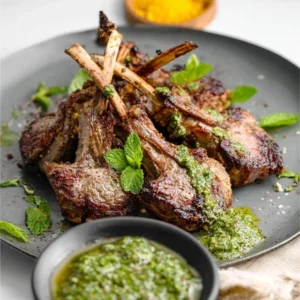 Golden-brown Air Fryer Lamb Chops with Mint Chimichurri served on a platter.