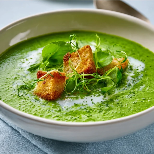 ZESTY GREEN WATERCRESS AND ARUGULA SOUP 1 A vibrant green bowl of Watercress and Arugula Soup, garnished with a swirl of cream and fresh pepper.