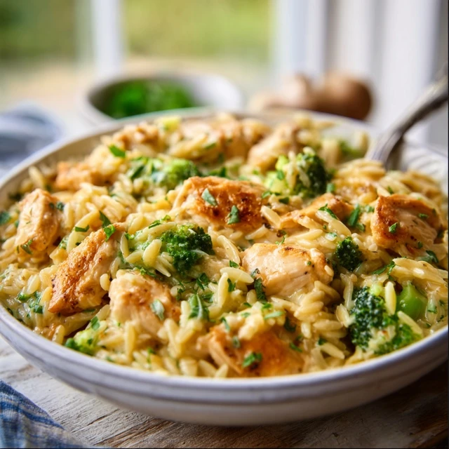 CHEESY CHICKEN BROCCOLI ORZO PERFECTION 4 Cheesy Chicken Broccoli Orzo Recipe
